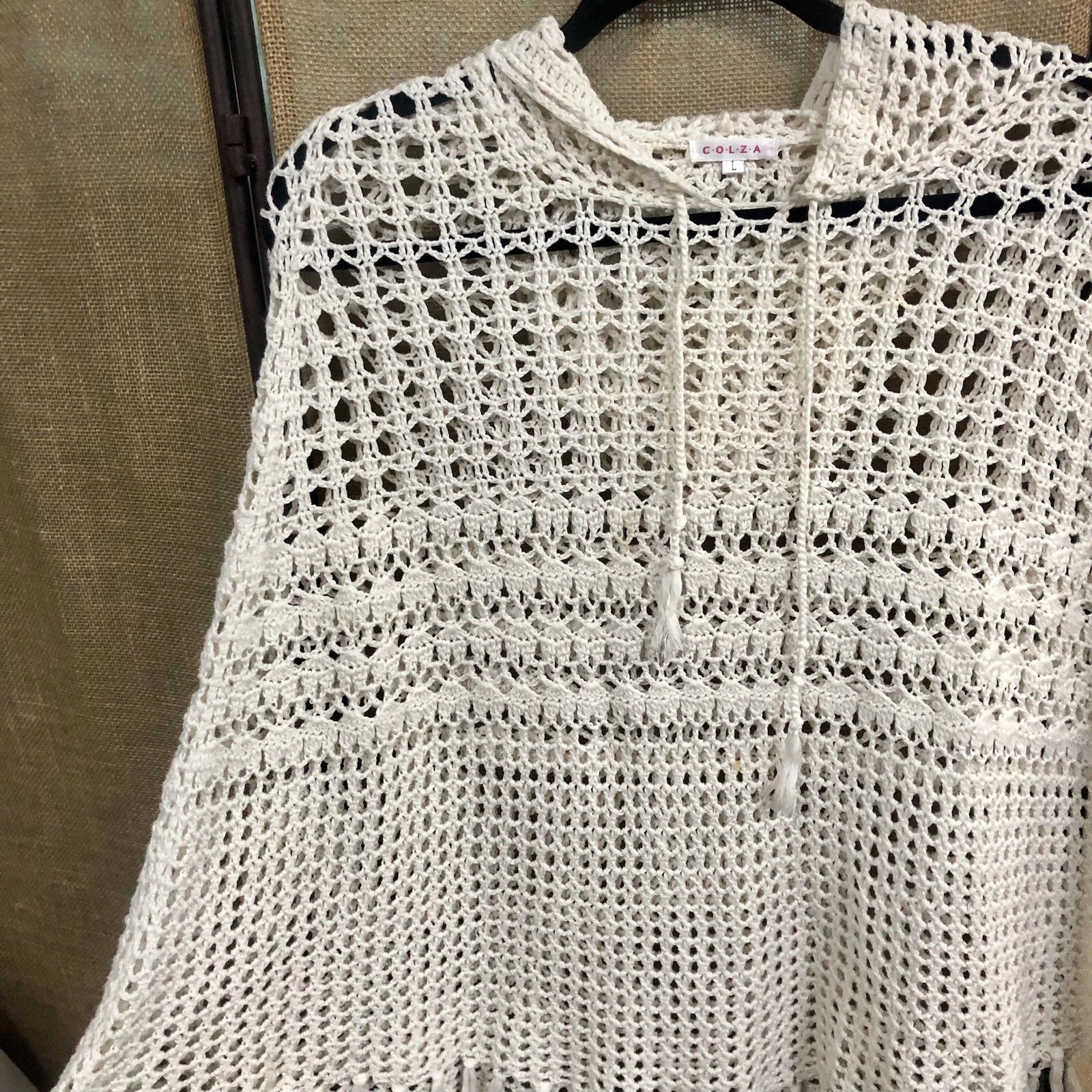 Colza Ivory Crochet Poncho Hoodie Size M with Fringe