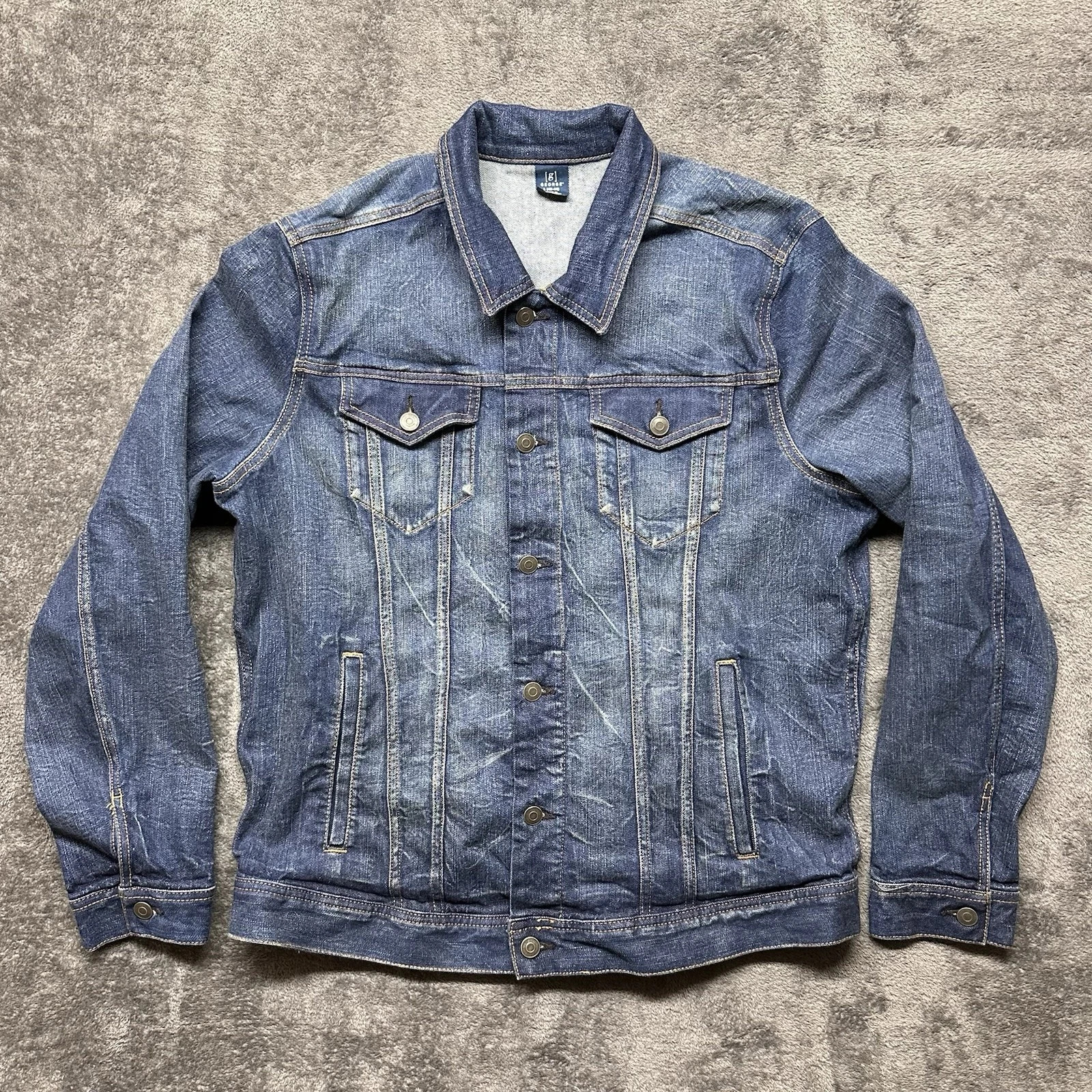 George Denim Jacket Mens Large Blue Dark Wash Button Up Trucker Western Whiskers