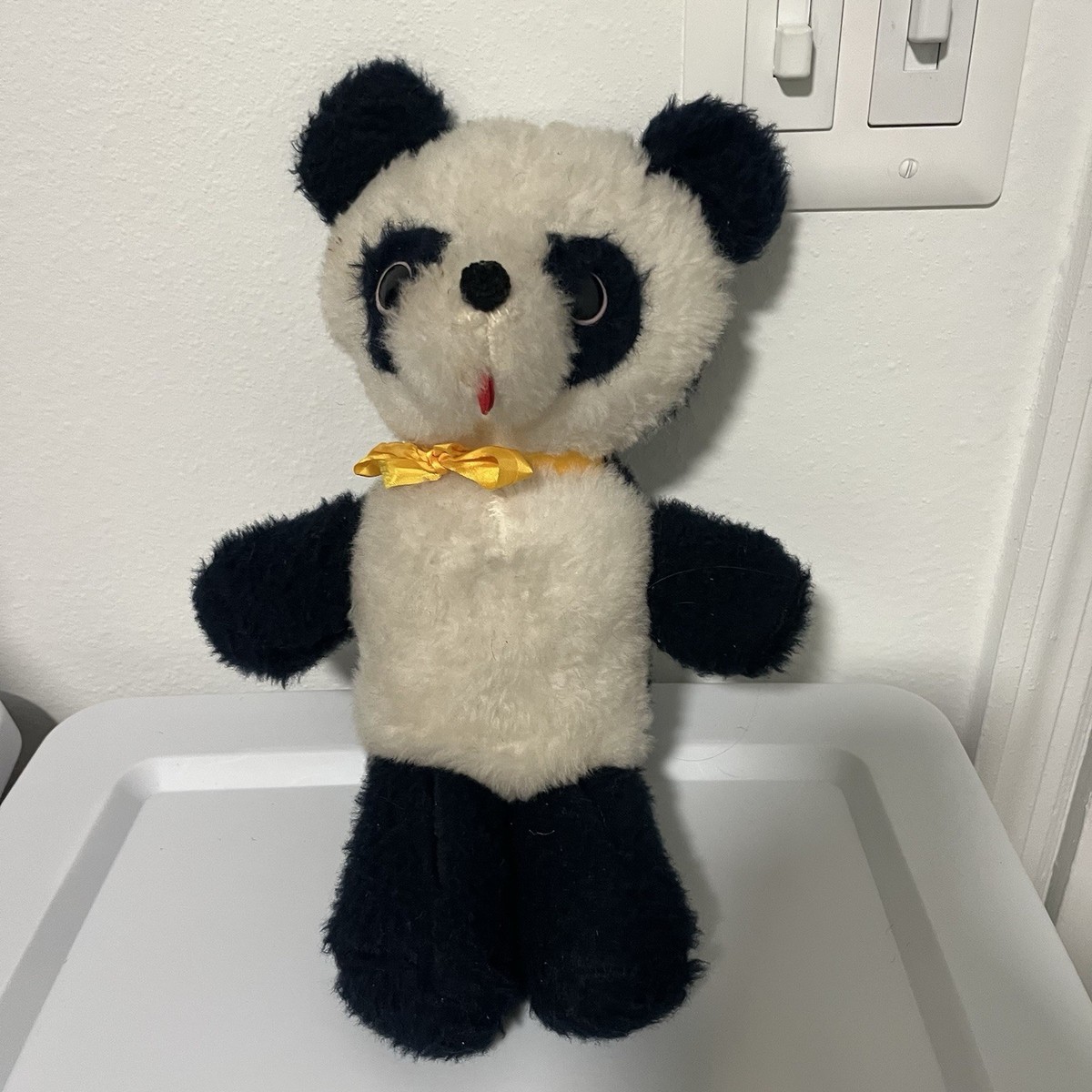 Vintage Panda Plush Felt Tongue Surprised 13” Stuffed Animal 60s