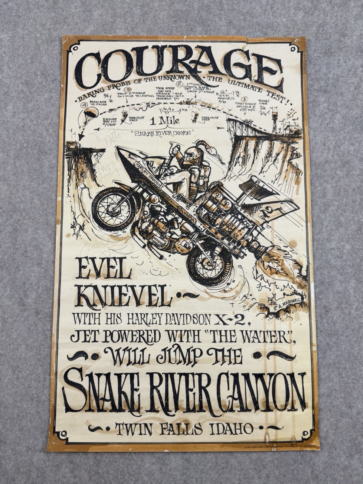 SIGNED Original Evil Knievel 1971 Snake River Canyon Promotional Poster