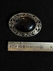 Filigree Swirled Hearts Vtg Brooch Pin Black Onyx Oval Cabochon Sterling Silver