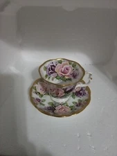 Royal Albert Summer Bounty Series Footed Tea Cup and Saucer  Amethyst Floral HTF