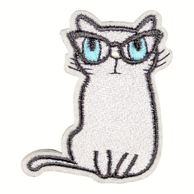 Embroidered White Kitty Cat With Blue Eyes w/Cat-Eye Glasses Iron On Patch - NEW