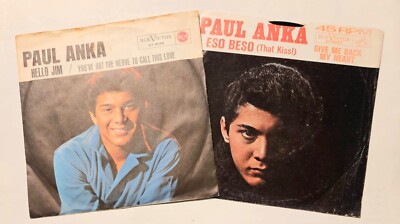 2x PAUL ANKA 1960s 7'' PS 45 ''Hello Jim'' + ''Eso Beso'' TEEN RCA 1x D + 1x USA RnR