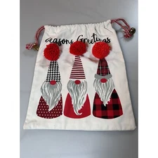 Gnome Seasons Greetings Drawstring Santa Bag With Poms Jingle Bells Christmas