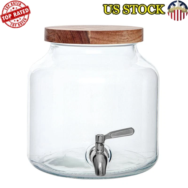 Clear Glass Beverage Dispenser W  Acacia Wood Lid Leak Proof Spigot 1.5 Gal New