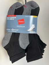 Hanes Premium Cool Comfort Ankle Socks 12-14 Men's - Black, Pack of 10
