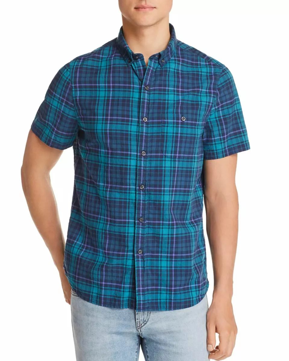 New 215 Michael Bastian Men Fit Blue Green Short Sleeve Button Top Shirt Size M