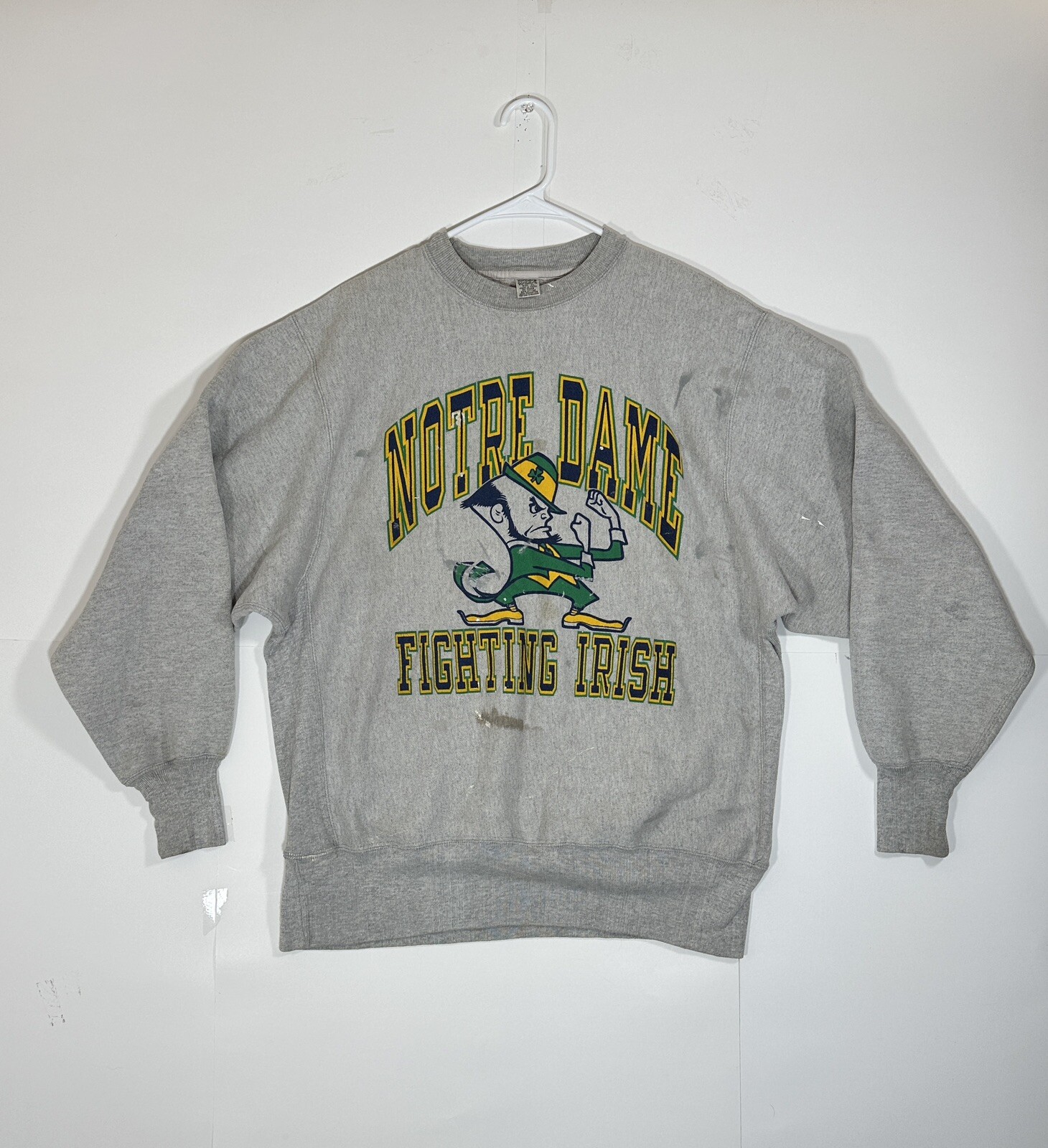 VTG Notre Dame Fighting Irish Sweatshirt NCAA Size XL Gray Graphic 90s Distress