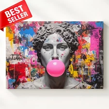 Canvas Wall Art Neon Bubble Bust Meets Classical Sculpture Portrait Marble