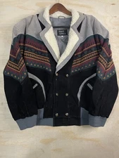 Vintage First Line Jacket Mens Small Black Gray Aztec Sherpa Lined Bomber Suede