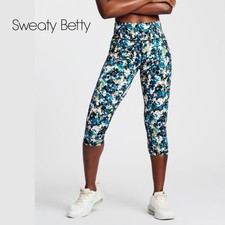 NWT Sweaty Betty Power Crop Leggings M Blue Floral Print 118 Sculpting Pockets
