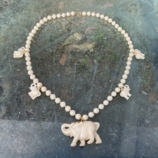 VTG Elephant Charm Necklace Rose Beads Animal Theme Good Fortune Pendant 24”
