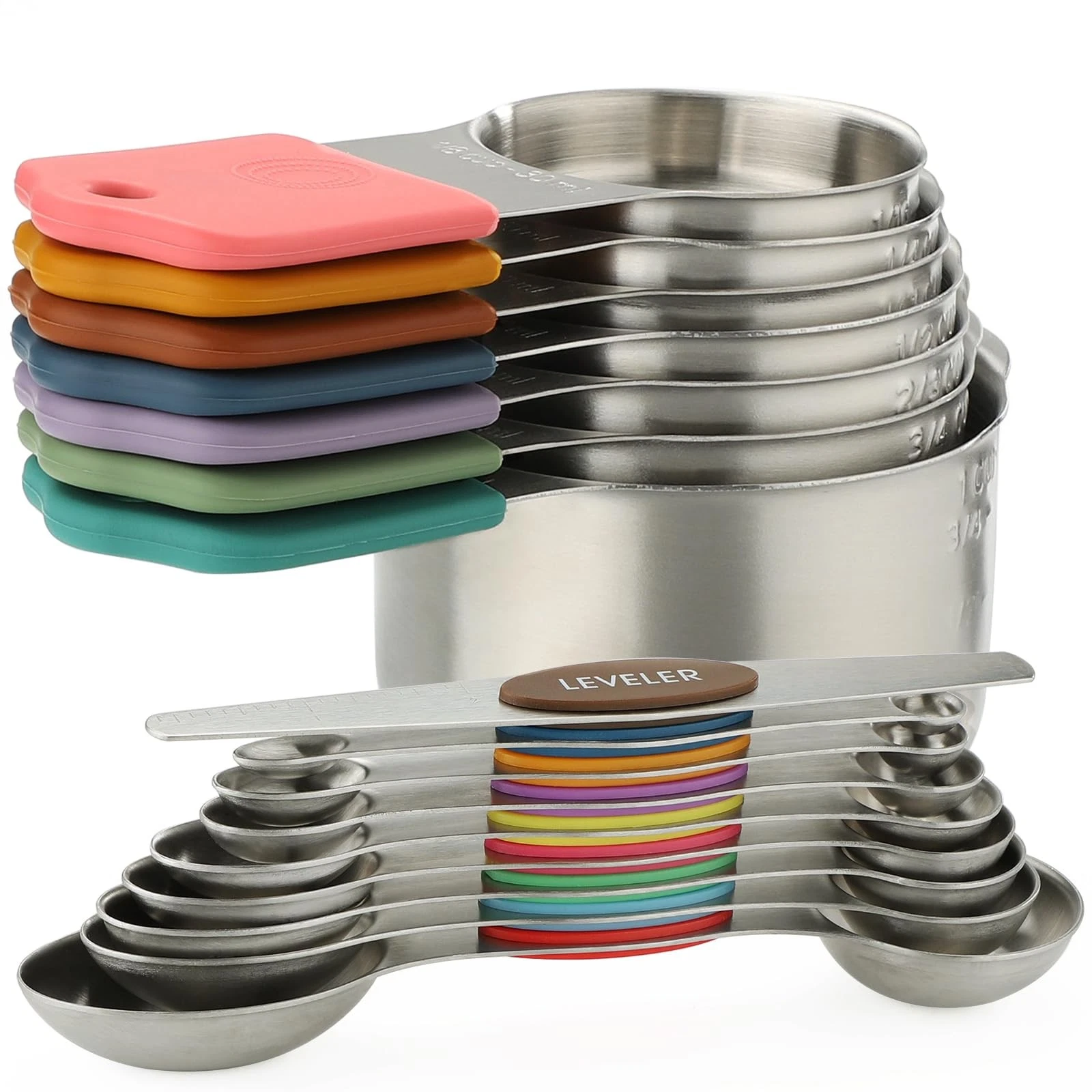 Magnetic Measuring Cups and Spoons Set of 16 Stainless Steel - For Dry