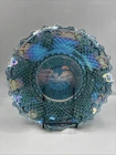 Vintage Blue Carnival Glass Plate 10” Iridescent Diamond Point Ruffled Edge RARE