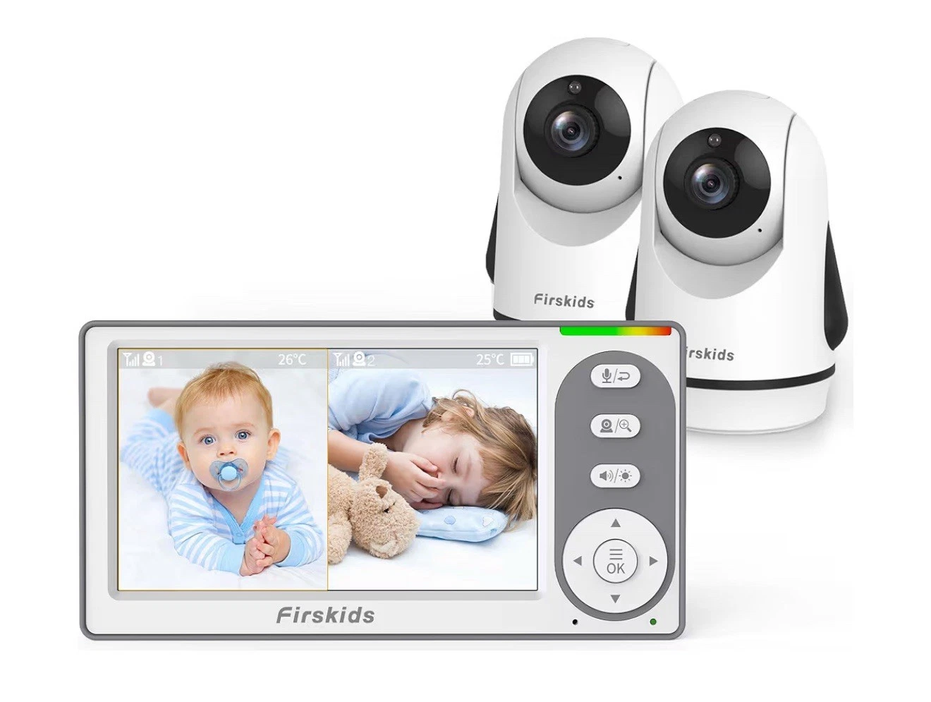 Firskids Split-Screen Baby Monitor 2 Cameras No Wifi 30H Battery Pan-Tilt-Zoom