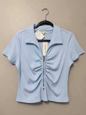 Free for all Blue Ribbed Knit Ruched Zip-Front Collared Short Sleeve Top XL