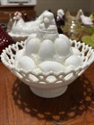 Antique Atterbury 1889 Victorian Milk Glass CHICK & EGG PILE Covered Animal Dish