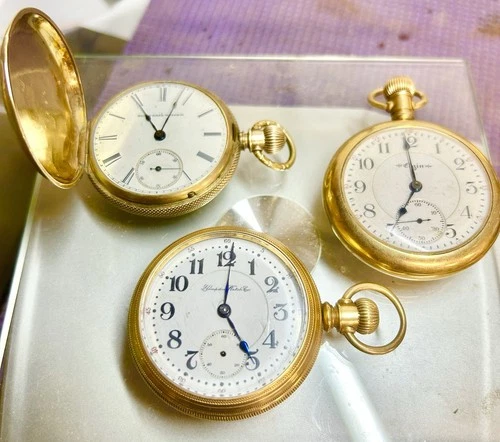 3 As Is Antique 14k 10K Gold Filled HAMPDEN ELGIN Pocket Watch Lot Hays Monarch