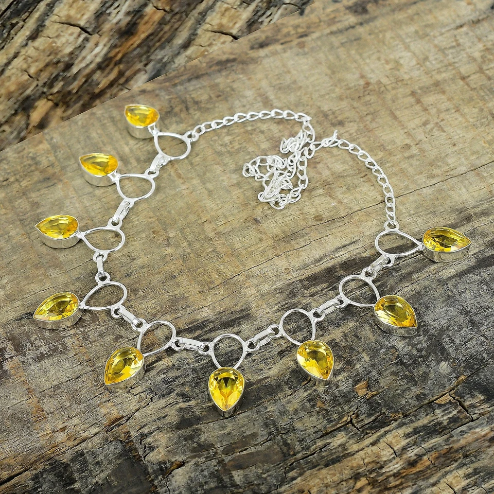 925 Argento Sterling Giallo Citrino Gemma Mano Gioielli Collana Per Regali - Immagine 3 di 4