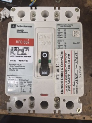 Cutler Hammer, Hfd3100, HFD 65K, 100 Amp, 3 Pole, Industrial Circuit Breaker
