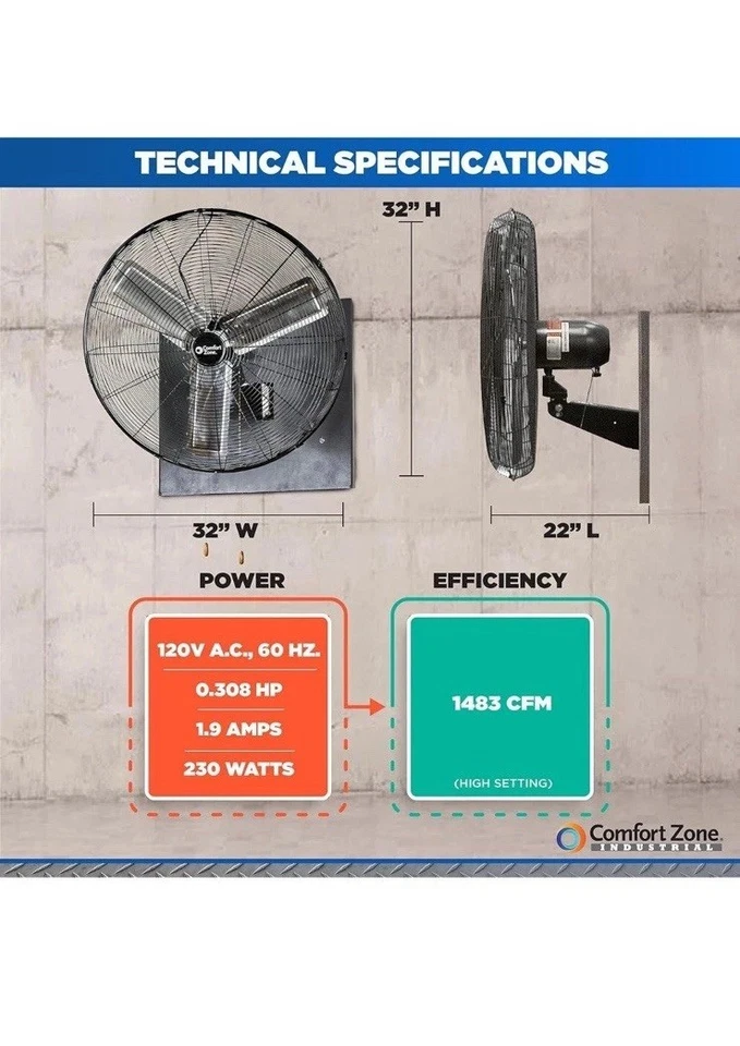 Durable 30" Metal Oscillating Industrial Wall Fan with Adjustable Angle Control - Image 4 of 4