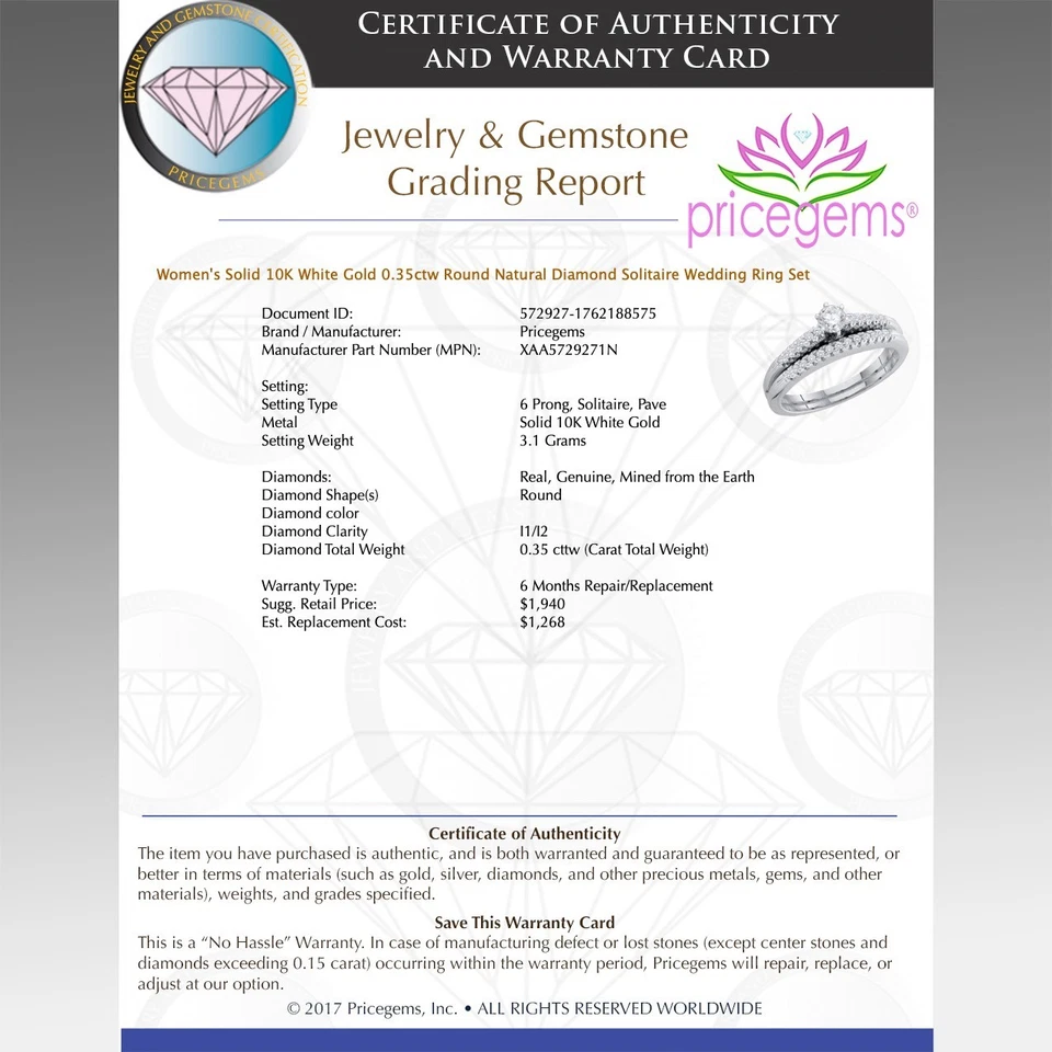 Solid 10K White Gold 0.35ctw Round Natural Diamond Solitaire Wedding Ring Set - Image 4 of 4