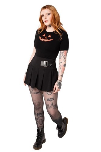 Jack-O-Lantern Top by Hell Bunny - Gothic Halloween Pumpkin Cut-Out Knit T-Shirt - Picture 2 of 9