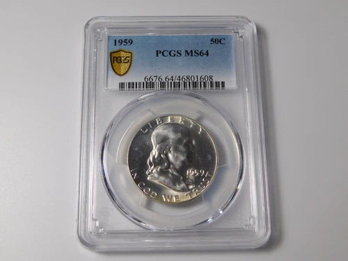 1959  FRANKLIN SILVER COIN HALF DOLLAR GOLD SHIELD PCGS GRADED MS64