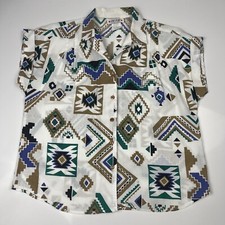 Vintage 80s Act III White Aztec Print Button Up Shirt Women's Medium Made In USA