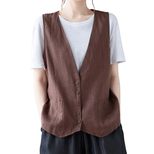 Mujeres Algodón Lino Sin Mangas Chaleco Abrigo Damas Botones Chaleco Informal Camiseta sin Mangas - Imagen 18 de 45
