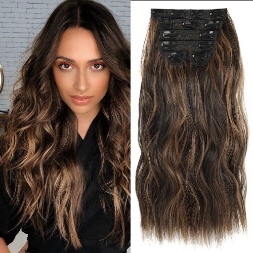 Clip largo ondulado en extensiones de cabello clip sintético en extensiones de cabello 6 piezas/juego - Imagen 12 de 20