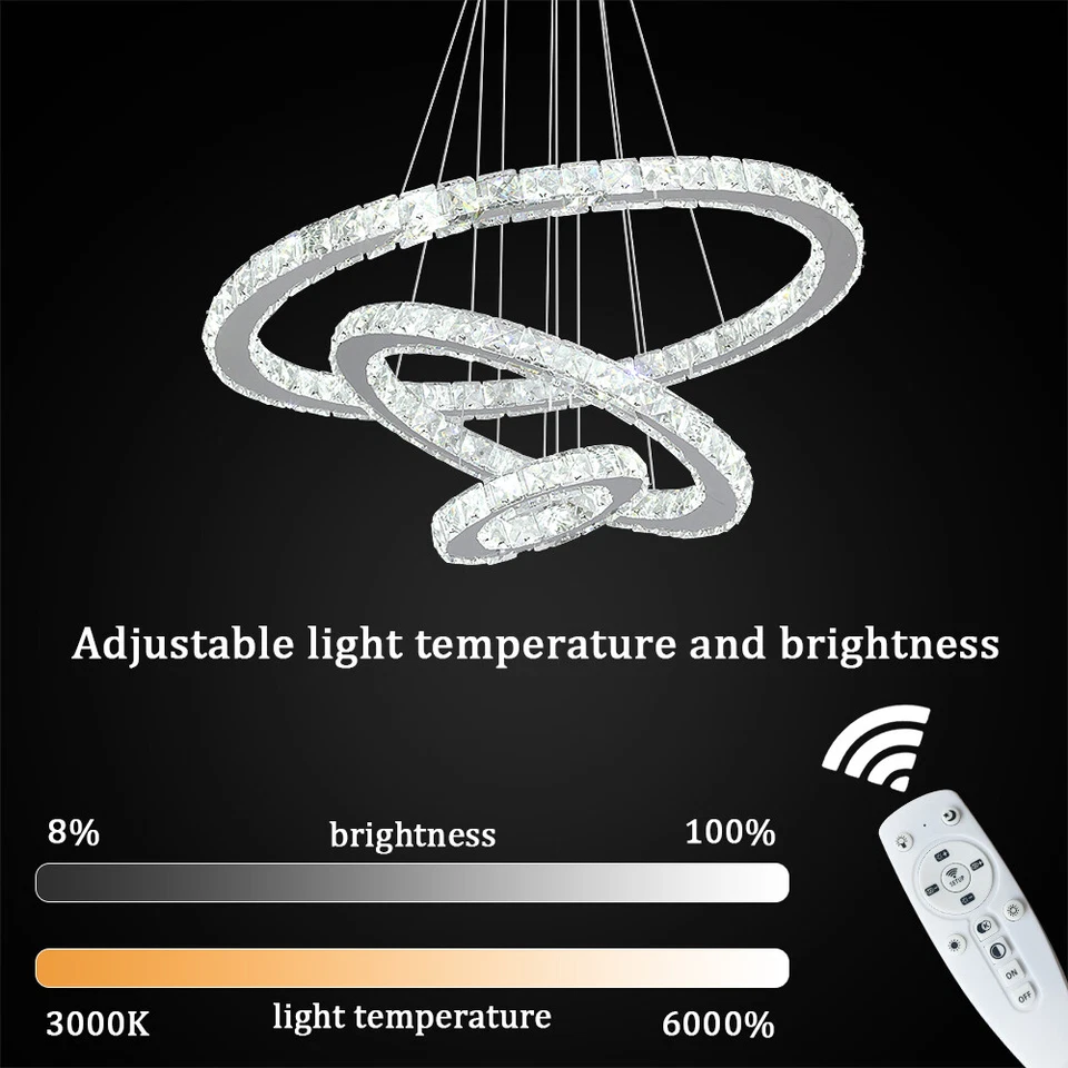 41W-63W Lampadario Cristallo LED da soffitto a sospensione 3 anelli Dimmerabile - Immagine 4 di 4