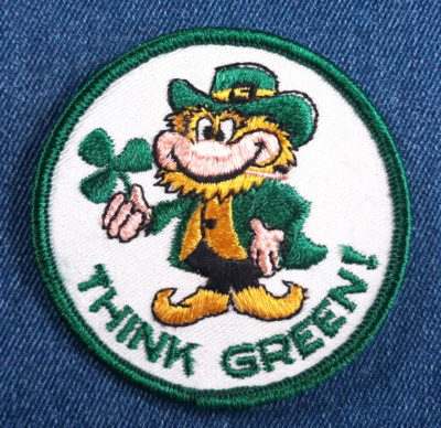 NOS 70s Original Vintage THINK GREEN 3'' Patch ECO Shamrock Leprechaun Lucky