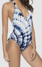  144 PilyQ Women's Blue Scooped Back One-Piece Halter Stretchy Swim Top Size M