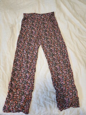 Vera Moda Black and Pink Floral Long Loose Pants Size M Stretchy Waistband