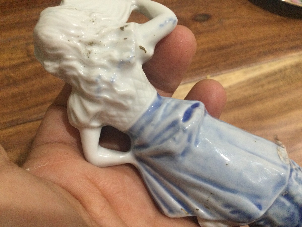Vintage Japan ? Woman GIRL Figurine Figure W/ Fan Blue White Gold