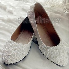 su.cheny White lace pearls wedge flats low heel pump heel Wedding Bridal shoes