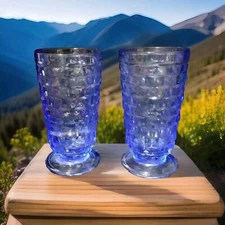2 Indiana Glass Blue Whitehall Cubist Footed Goblets Ice Tea Glasses 6"H 12oz