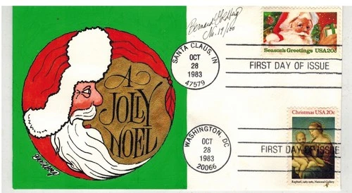 1983 GOLDBERG HANDPAINTED CHRISTMAS DUAL FDC MADONNA & SANTA CLAUS INDIANA