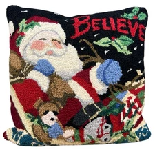 Wool Hooked Santa Clause In Sleigh with Toys Believe Throw Pillow 17 x 17”