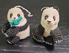 2 Vintage Knitted Crocheted Miniature Panda Bear Figurine, Ornament 2.5 Inch