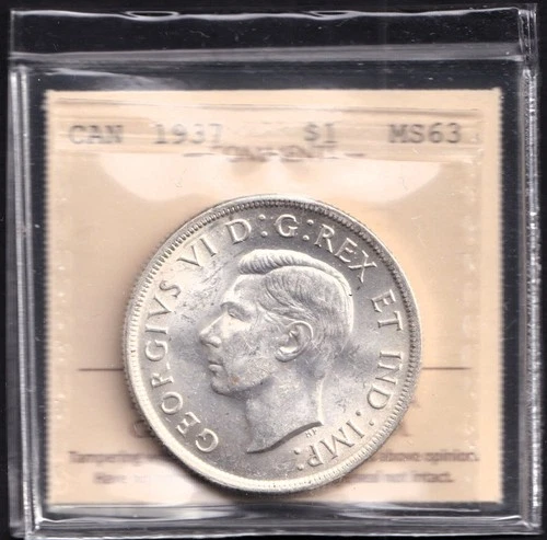 Canada 1937 $1 One Silver Dollar ICCS Certified MS-63 White Lusture Coin