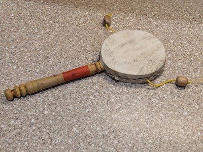 Vintage Hand Spin Monkey Drum Double Sided Percussion Rattle Instrument Morocco