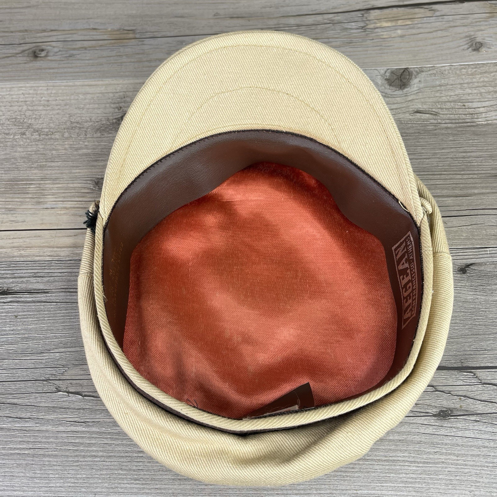 Vintage Aegean Greek Fishermans Cap Hat Size 7 / 56 Tan Captain Officer Sailor