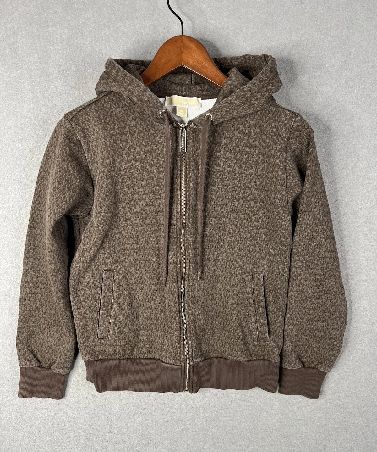 Felpa giacca Michael Kors donna XS marrone firma stampa logo zip Y2K