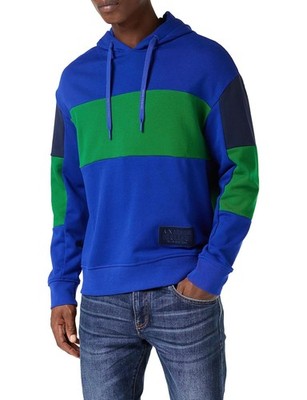 A|X Armani Exchange Men's Colorblock Hooded Sweatshirt Pullover Blue/Green, XL