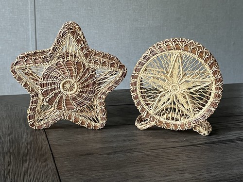 Pair of Vintage Woven Wicker Wire Napkin / Mail Holders Pine Needle 60s Boho
