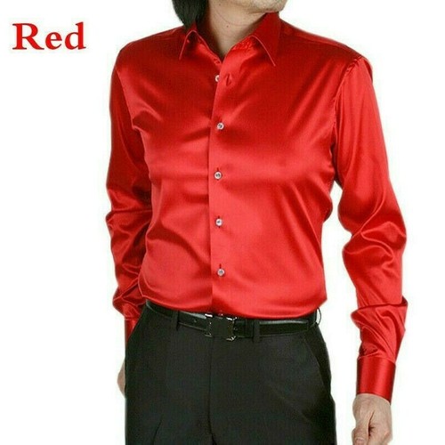 1X Men Faux Silk Satin Shirt Long Sleeve Button Business Formal Tops Casual Soft - Picture 1 of 15