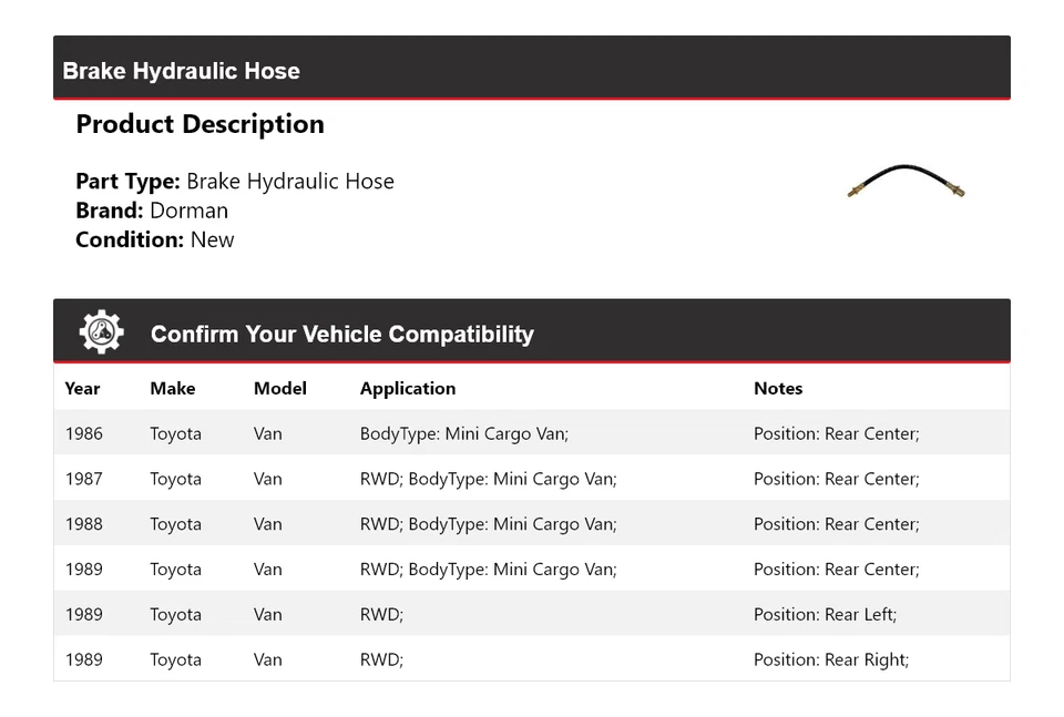 Manguera hidráulica de freno para Toyota Van Dorman 1986-1989 1987 1988 Foto 2 de 4
